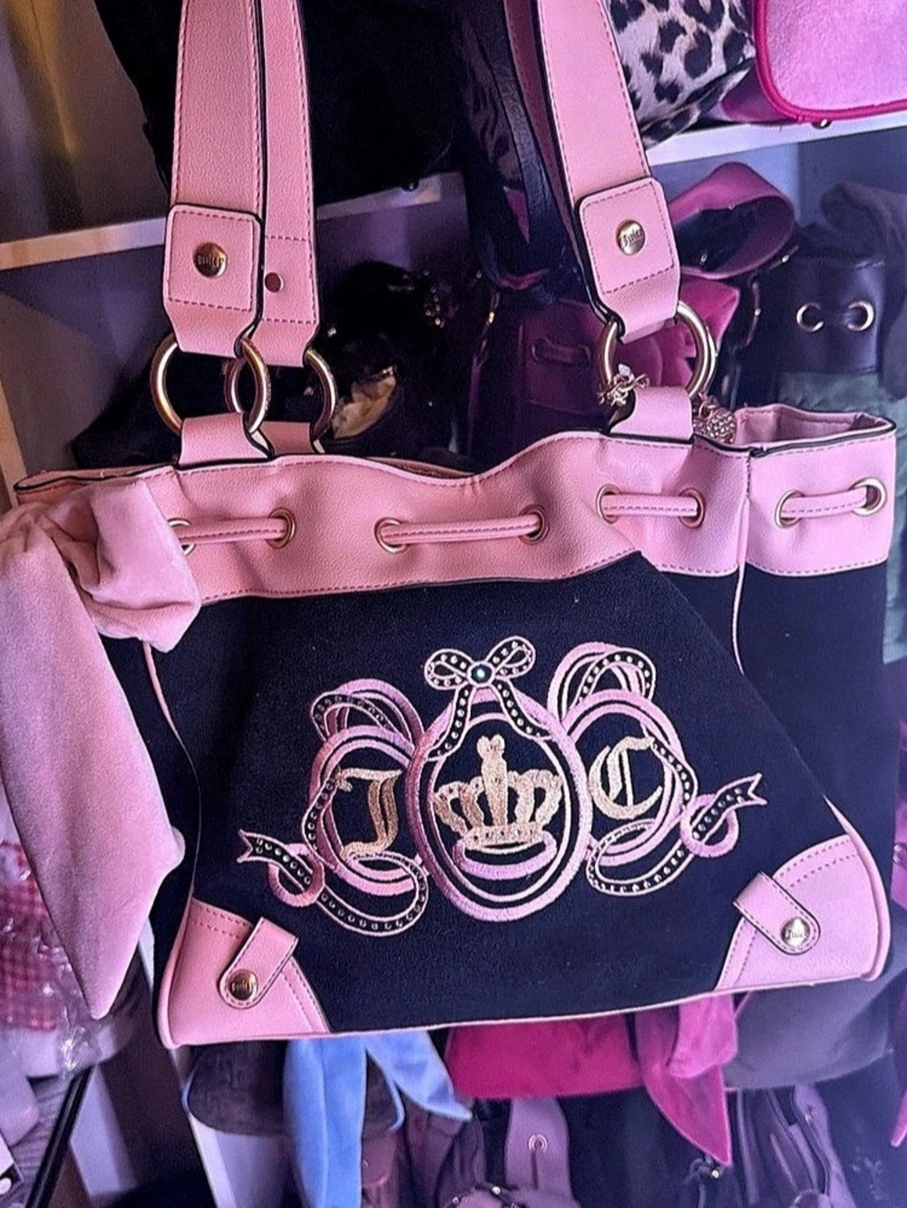 Juicy Couture Royal Juicy Crown Daydreamer Velour Tote Pink & Black Shoulder Bag